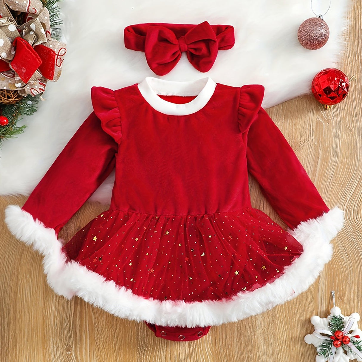 2PCS Adorable Infant Baby Girl Christmas Outfit - Faux Fur Patchwork Long Sleeve Round Neck Romper Dress Jumpsuit Skirt with Bow Headband - Soft, Cozy, and Festive Holiday Clothing Set for Little Princess
