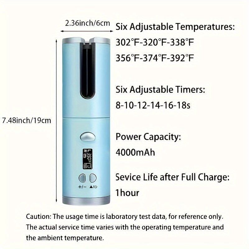 Automatic Cordless Hair Curler, Portable USB Rechargeable Curling Iron, LCD Display, Suitable For Travel And Quick Styling
