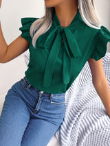 Bow Tie Flutter Sleeve Blouse, Elegant Sleeveless Solid Ruffle Trim Blouse, Women's Clothing Wedding holiday vacation