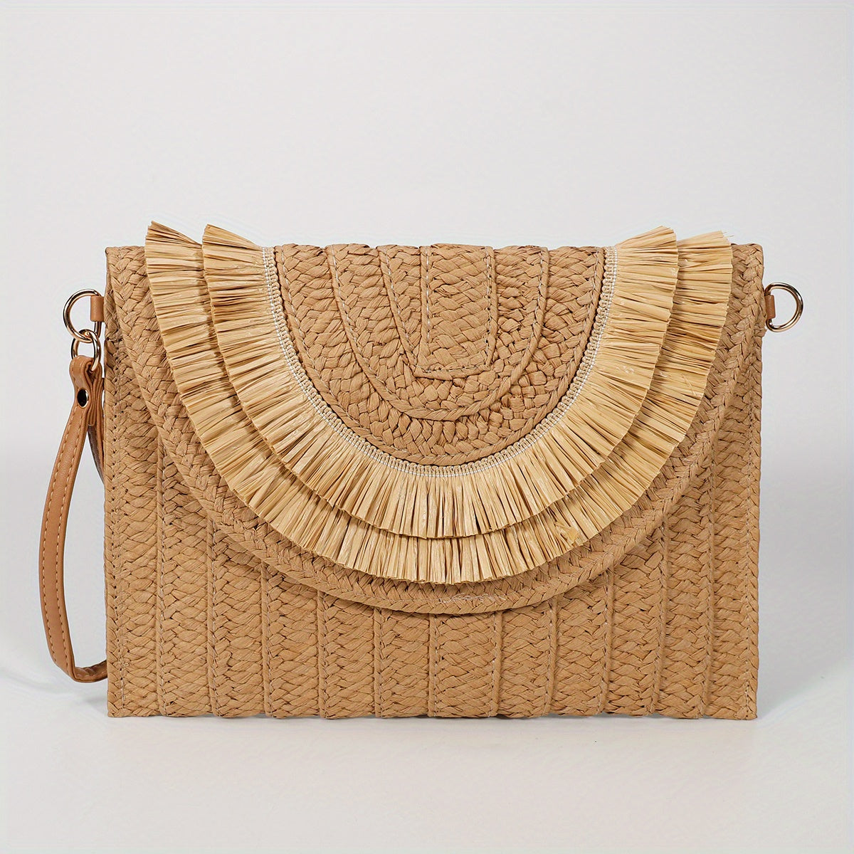 Trendy Fringe Straw Clutch Bag - Fashionable Woven Design with Secure Flap Magnet Closure - Stylishly Versatile Solid Color Purse & Wristlet