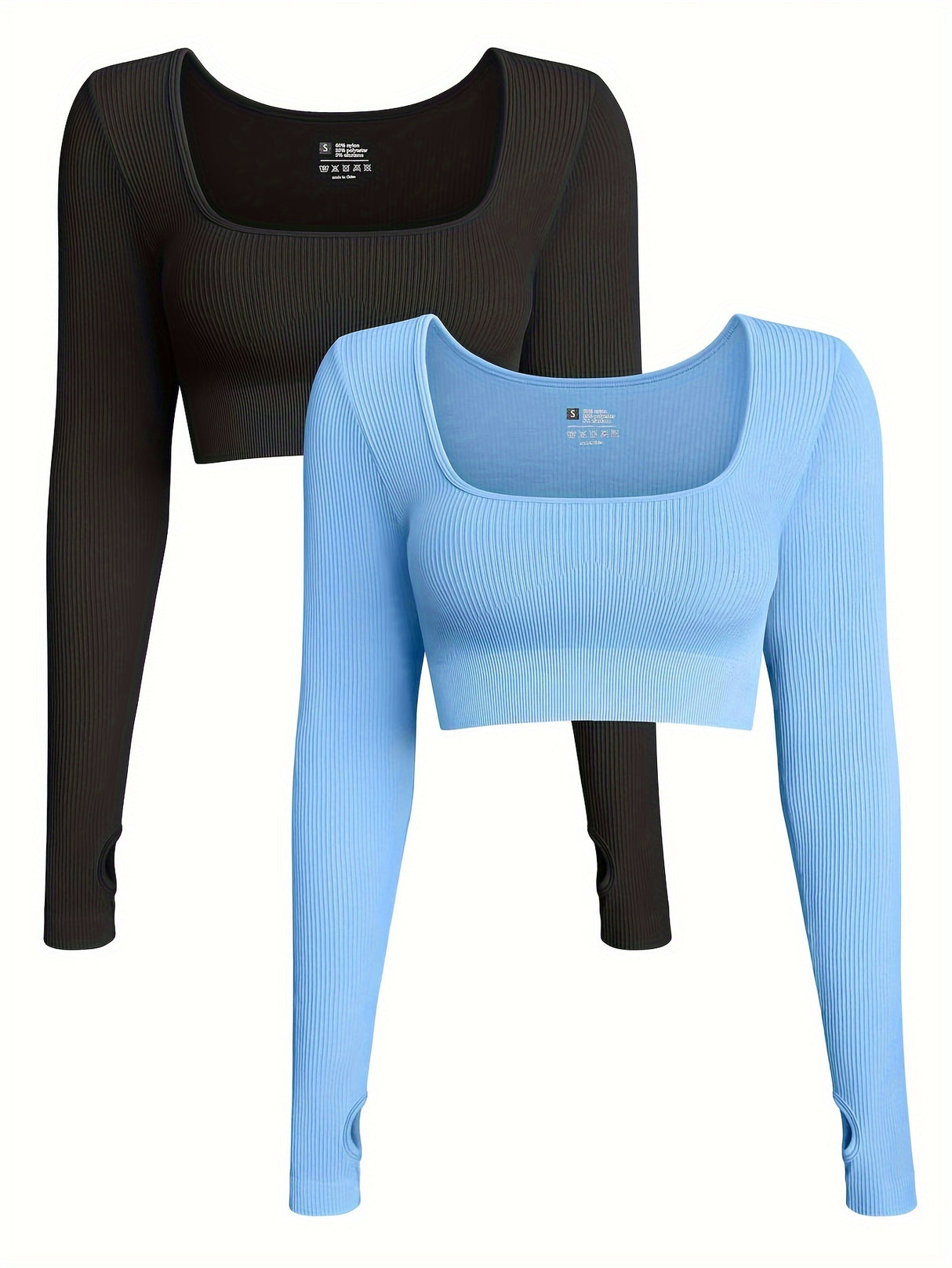 OQQ Women's 2 Piece Crop Top Ribbed Seamless Workout Exercise Long Sleeve Crop Tops