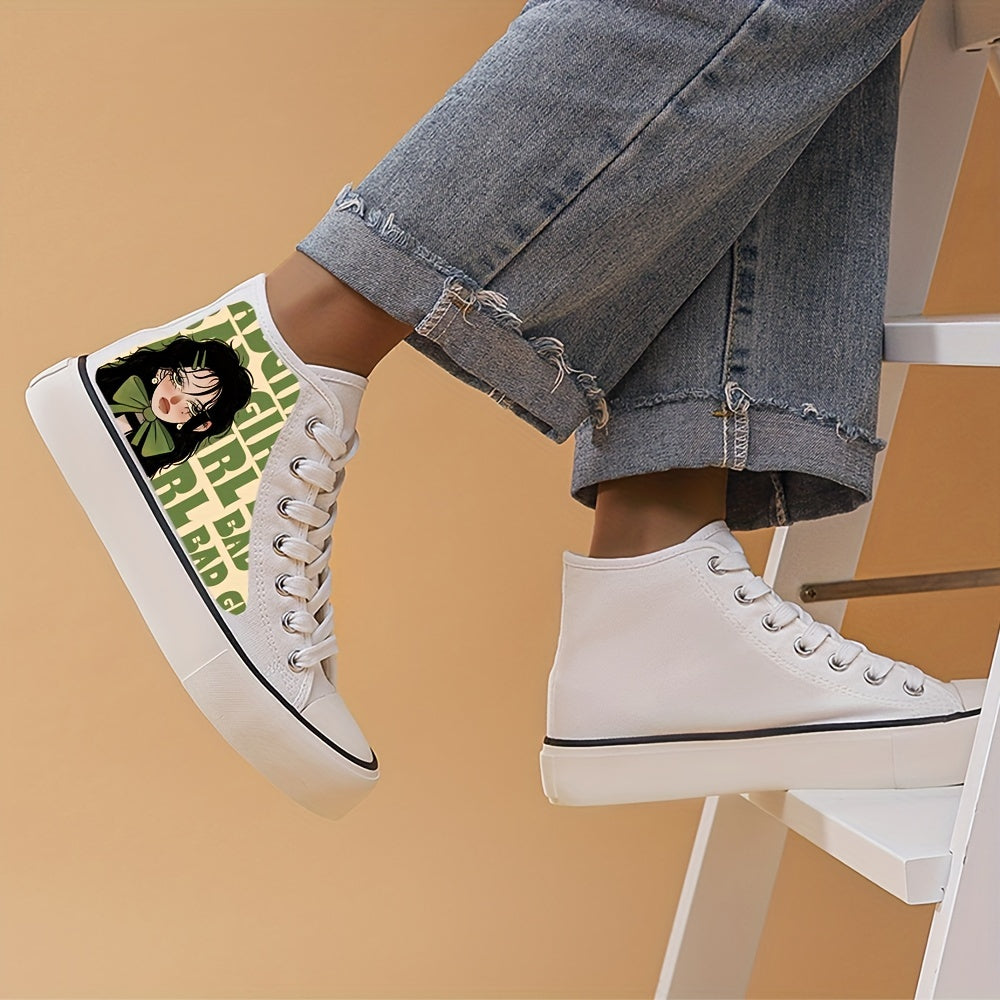 Anime Girl Pattern Lightweight High Top Breathable Canvas Sneakers, Round Toe Flat Classic Lace Up Wear Resistance Skate Shoes, Non Slip Casual Versatile Walking Shoes Running Shoes