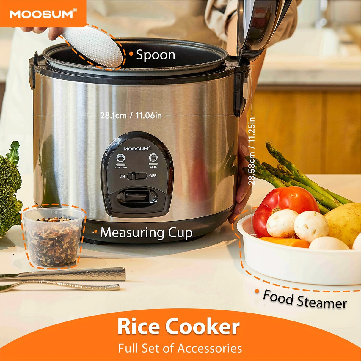 MOOSUM Electric Rice Cooker with One Touch for Asian Japanese Sushi Rice, 10-cup Uncooked/20-cup Cooked, Fast&Convenient Cooker with Steamer, Stainless Steel Housing and Auto Warmer