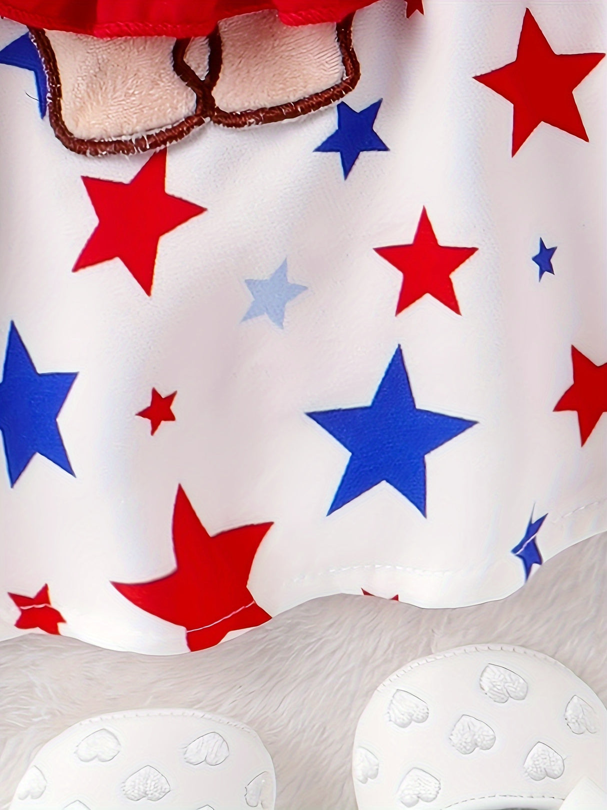 Baby Girl Newborn Romper with Red Head Knot, Short Sleeve, Star Print Bear Embroidery & Sling Skirt - Cotton Blend, Cute Style, Summer Wear, 0-18 Months, Perfect for Outdoor