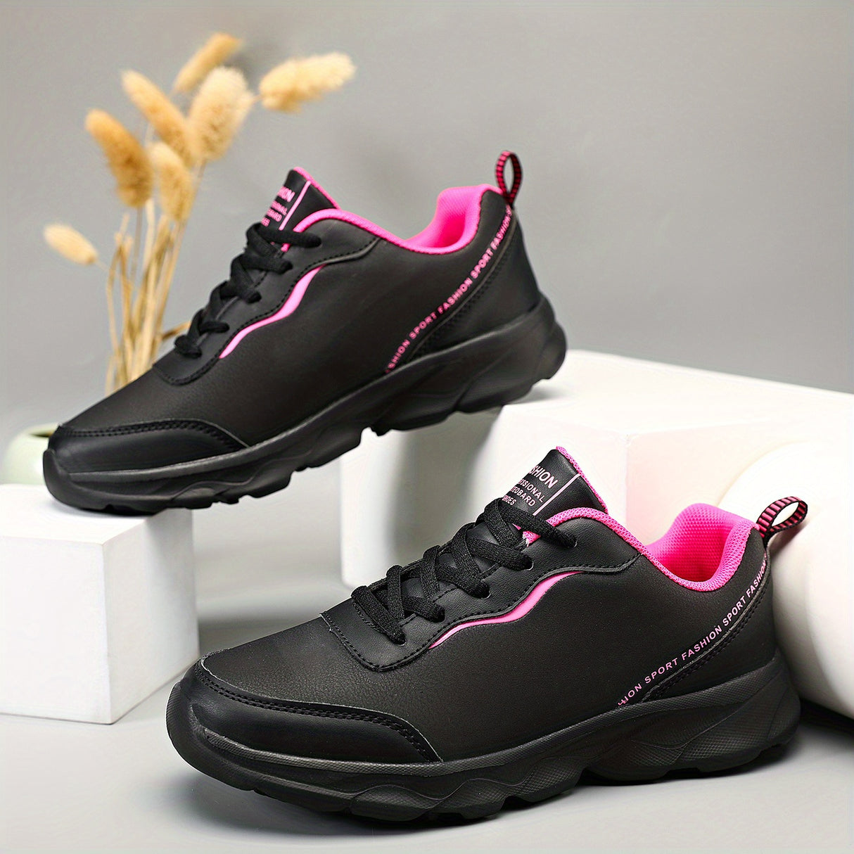 Women's Black Non-slip Sneakers, Casual Lace Up Faux Leather Running Shoes, Lightweight Outdoor Jogging Shoes