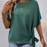 Solid Knotted Blouse, Casual Crew Neck Asymmetrical Blouse, Women's Clothing