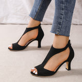 Chunky Heel Women's High Heels, Peep Toe T-strap Back Zipper Sandals, Fashion Black Shoes