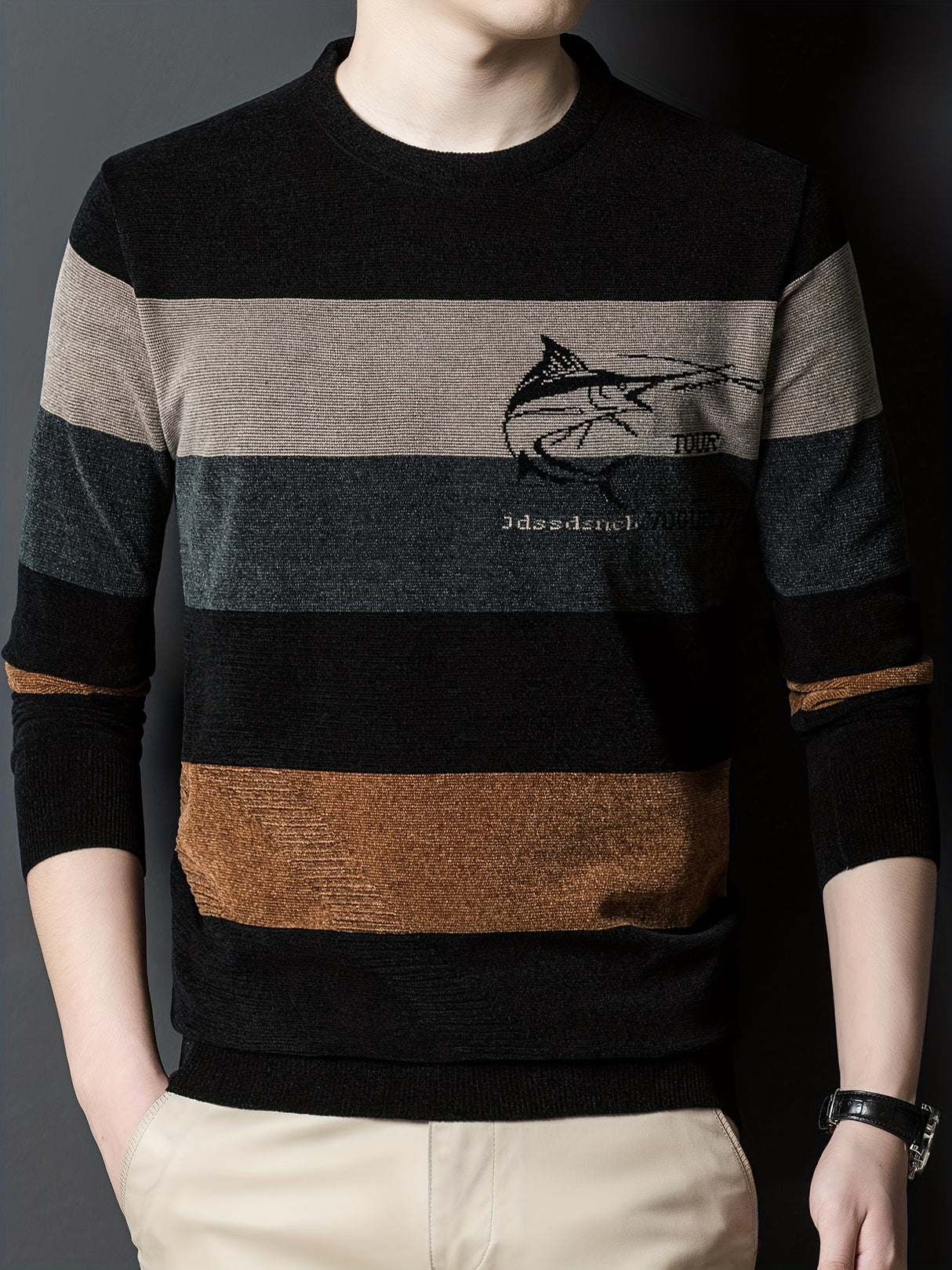 All Match Knitted Color Block Sweater, Men's Casual Warm High Stretch Crew Neck Pullover Sweater For Men Fall Winter