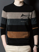 All Match Knitted Color Block Sweater, Men's Casual Warm High Stretch Crew Neck Pullover Sweater For Men Fall Winter