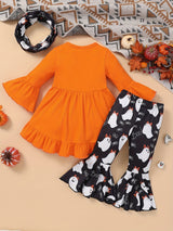 Girls 3pcs Ruffle Top & Elastic Waist Flared Pants & Scarf Set BOO Ghost Print Long Sleeve Pullover Top Halloween Style Casual Kids Clothes Spring Fall