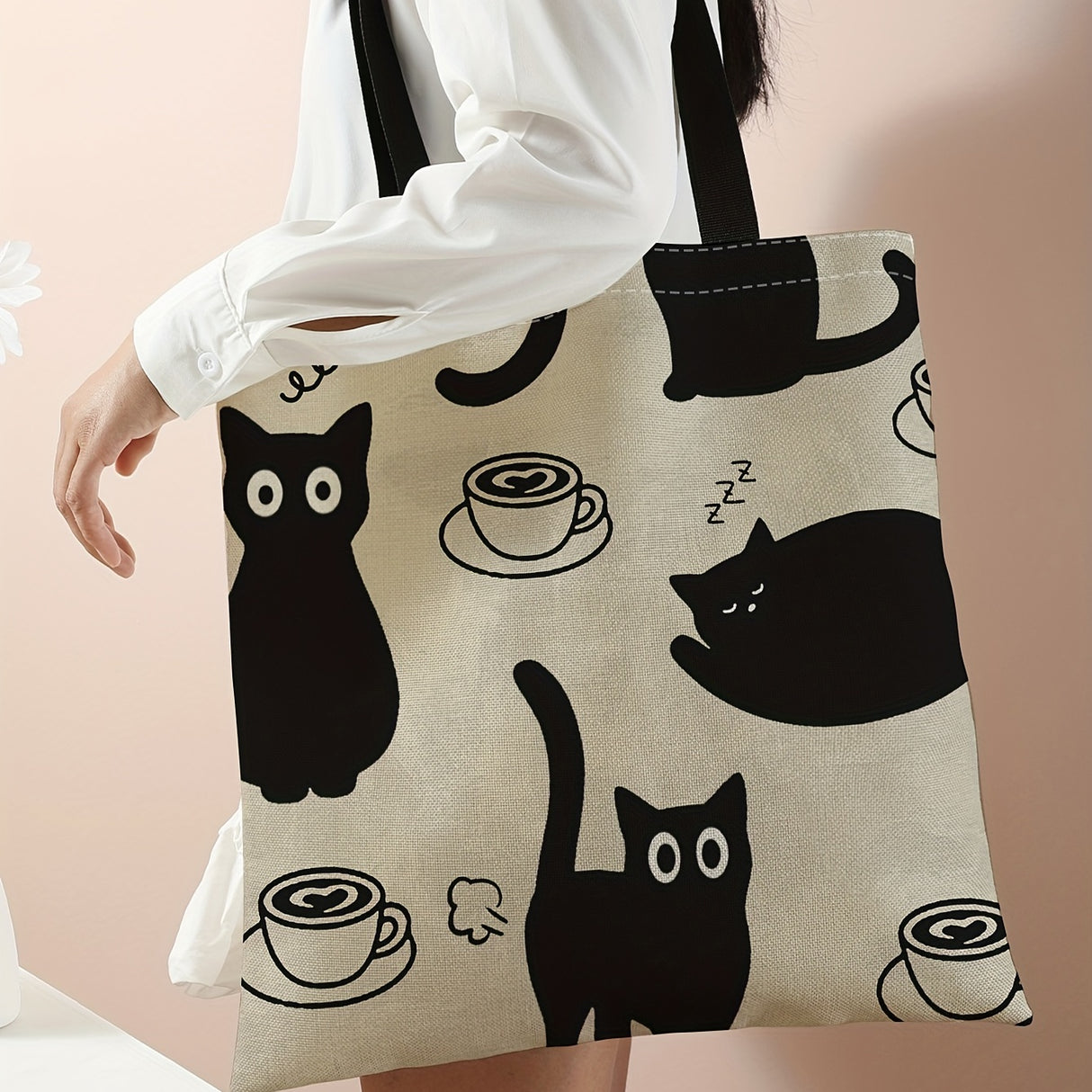 Kawaii Cute Cartoon Print Tote Bag, Large Capacity Canvas Shoulder Bag, Women's Casual Reusable Handbag & Shopping Travel Beach Bag