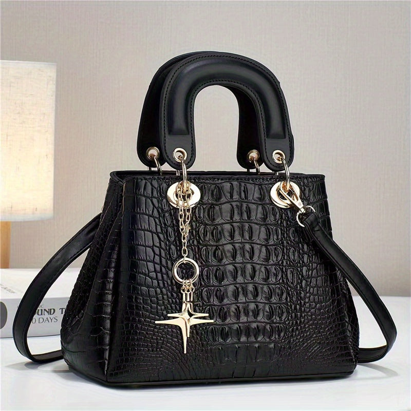 Luxurious PU Crocodile Print Tote Bag - Spacious Interior, Zipper Closure, Polyester Lining, Top Handle Satchel, Shoulder Bag, Crossbody Bag & Purse - Elegant Womens Fashion Handbag with Edge Painted Details
