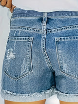 Ripped Distressed Denim Shorts for Women - Medium Stretch, Solid Color, Elegant Style, Customized, Woven, Spring/Summer Essential - No Printing, No Sheer, Frayed Hem, Ripped Details