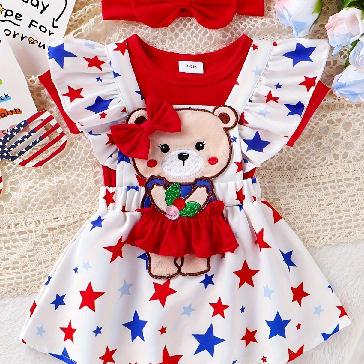 Baby Girl Newborn Romper with Red Head Knot, Short Sleeve, Star Print Bear Embroidery & Sling Skirt - Cotton Blend, Cute Style, Summer Wear, 0-18 Months, Perfect for Outdoor