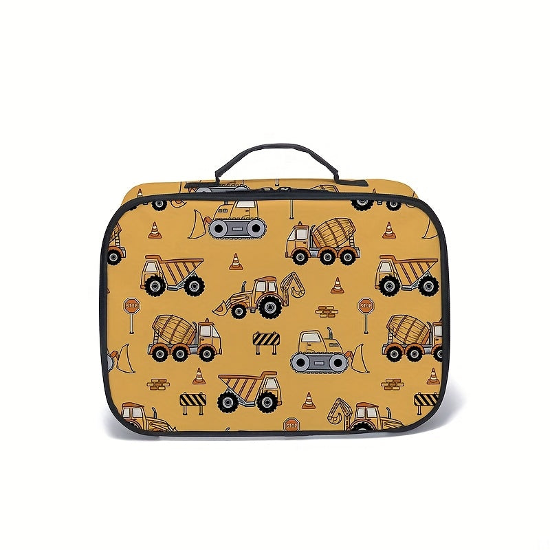 Excavator Print Pattern Double Shoulder Backpack, Boys' Large Capacity Yellow Polyester School Bag