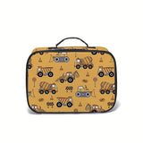 Excavator Print Pattern Double Shoulder Backpack, Boys' Large Capacity Yellow Polyester School Bag