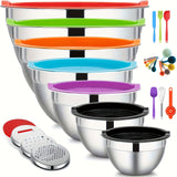 Mixing Bowls With Airtight Lids Set, 27PCS Stainless Steel Khaki Bowls With Grater Attachments, Non-Slip Bottoms & Kitchen Gadgets Set, Size 0.7, 4.5, 3.6, 2.7, 2.1, 1.7, 1.1QT, Great For Mixing & Serving