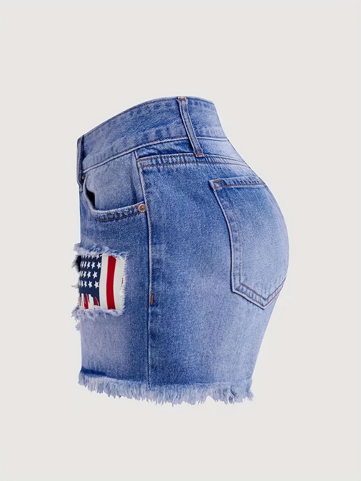 Stylish High-Waisted Ripped Patchwork Denim Shorts - Women Denim Shorts with Light Blue Washed Distressed, Cute American Flag Print, Single-breasted, Independence Day 4th Of July Summer Fashion, Casual Comfortable Shorts for