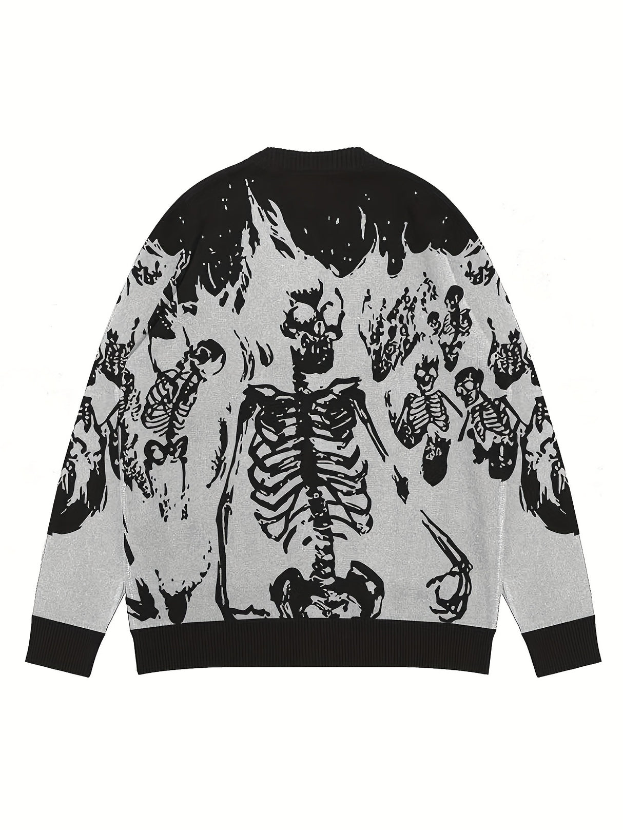 Vintage Skull Print Crew Neck Knit Sweater for Men - Viscose Blend Loose Fit Long Sleeve Pullover - Fall/Winter Casual & Party Knitwear with Medium Stretch - Adult Men's Halloween Top