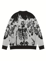 Vintage Skull Print Crew Neck Knit Sweater for Men - Viscose Blend Loose Fit Long Sleeve Pullover - Fall/Winter Casual & Party Knitwear with Medium Stretch - Adult Men's Halloween Top