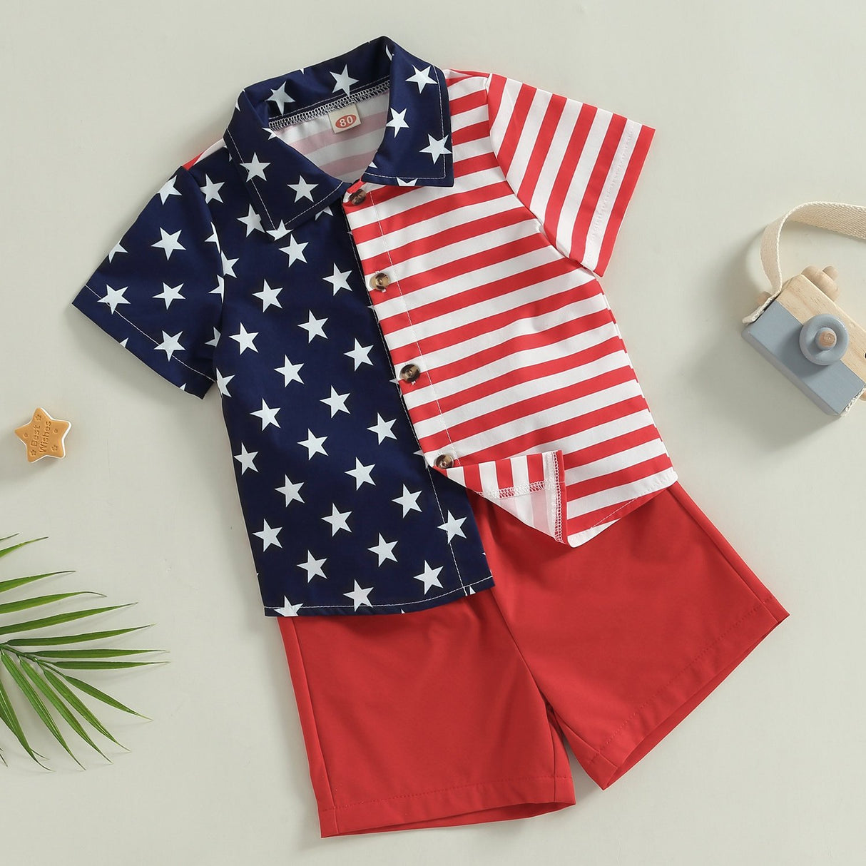 Toddler Boys Summer Short Sleeve Outfits 2pcs 4th of July Red Clothes, Stars and Stripes Print Shirt + Shorts Set for Casual Streetwear, for Outdoor