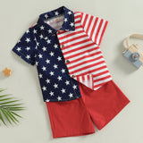 Toddler Boys Summer Short Sleeve Outfits 2pcs 4th of July Red Clothes, Stars and Stripes Print Shirt + Shorts Set for Casual Streetwear, for Outdoor