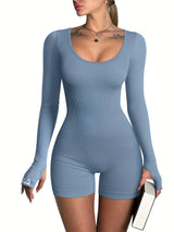 [Long Sleeve Workout Rompers] OQQ Women Yoga Rompers Ribbed Workout Long Sleeve Round Neck Exercise Jumpsuits Rompers
