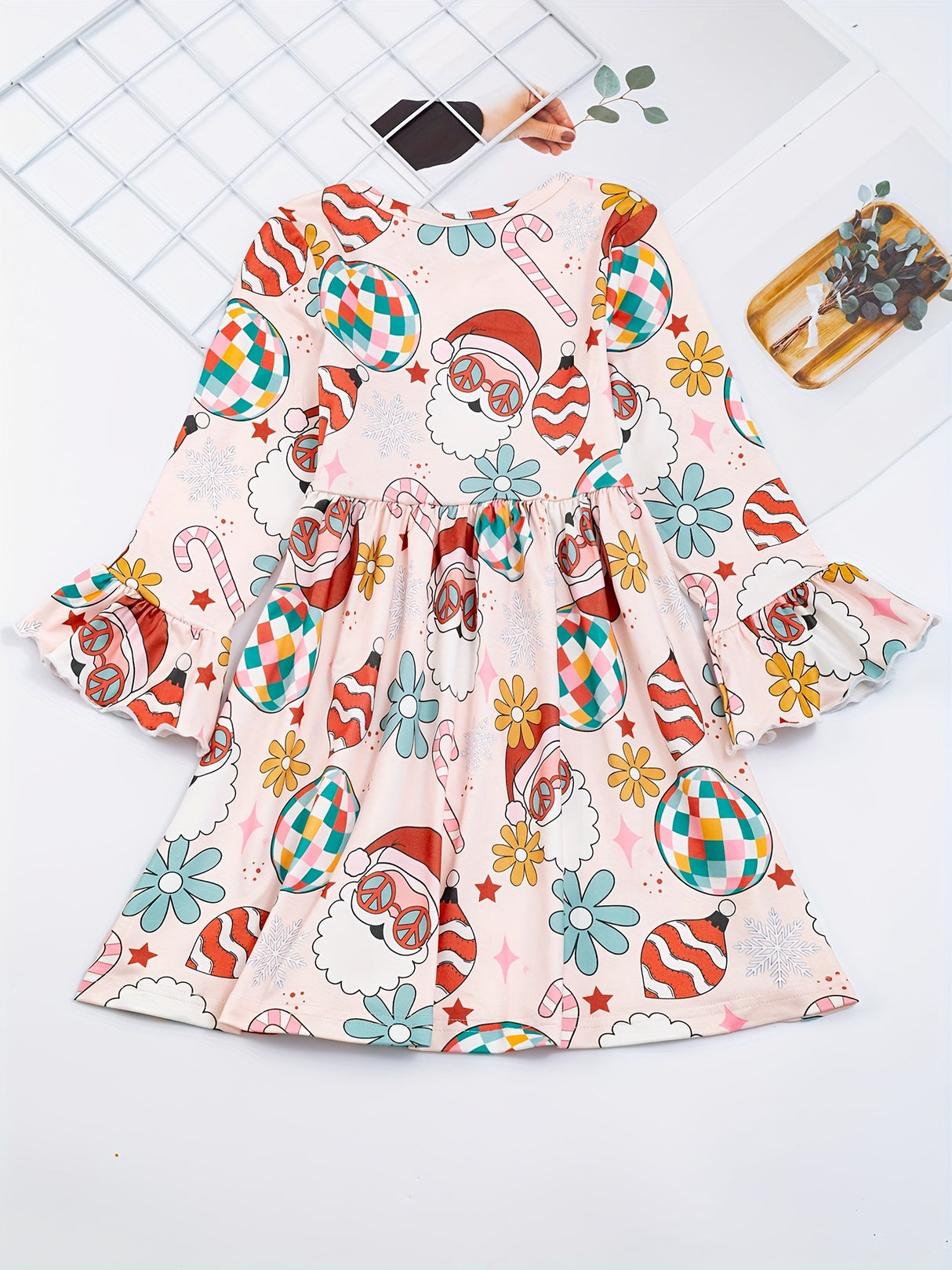 Festive Girls' Christmas Party Dress - Casual & Stretchy Santa Claus & Candy Graphic Kids Clothes for Girls