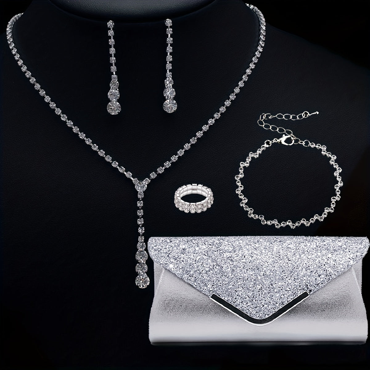 Elegant Bridal Jewelry Set - European & American Style, Simple Design Necklace, Earrings, Ring & Bracelet with Evening Clutch Bag - Perfect for Wedding/Formal Events Gifts For Eid
