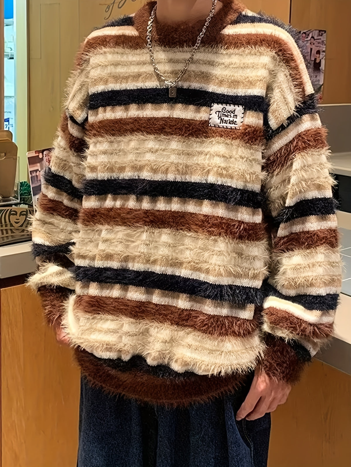 Cozy Striped Knit Sweater for Men - Casual Loose Fit, Color Block Design, Perfect for Fall/Winter
