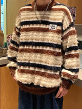 Cozy Striped Knit Sweater for Men - Casual Loose Fit, Color Block Design, Perfect for Fall/Winter