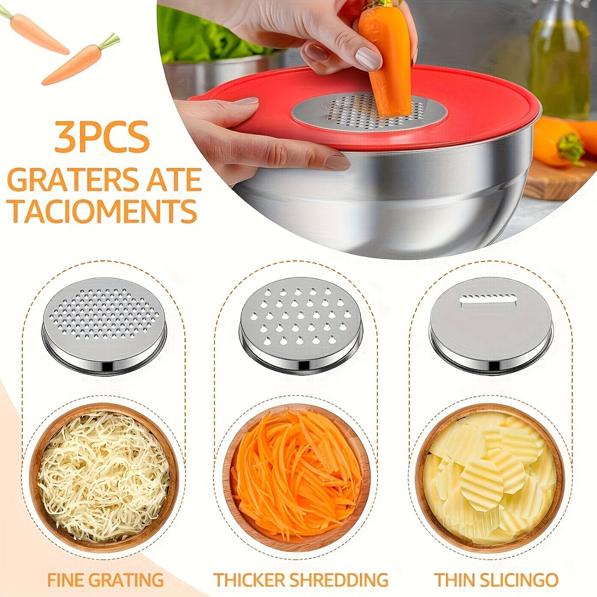 Mixing Bowls With Airtight Lids Set, 26PCS Stainless Steel Bowls With Grater Attachments, Non-Slip Bottoms & Kitchen Gadgets Set