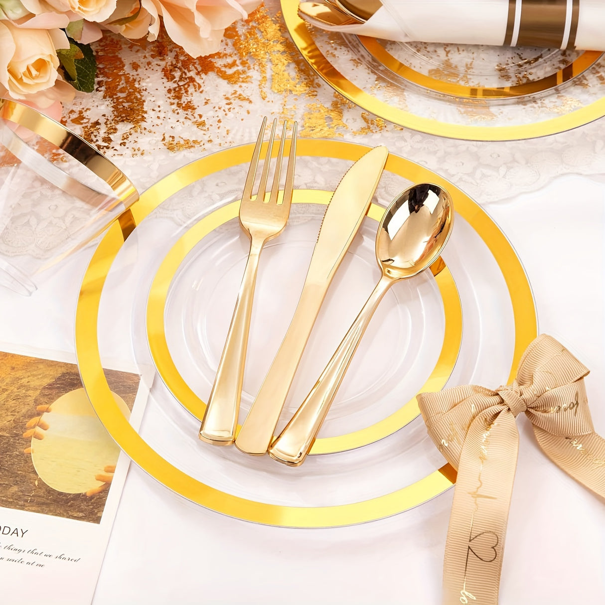 350PCS Clear Gold Plastic Plates Clear Plates with Gold Rim for 50Guests Dinnerware Include 100 Gold Clear Plates disposable 150 Gold Silverware 50Napkins for Party&Wedding&Easter