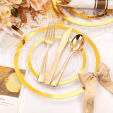 350PCS Clear Gold Plastic Plates Clear Plates with Gold Rim for 50Guests Dinnerware Include 100 Gold Clear Plates disposable 150 Gold Silverware 50Napkins for Party&Wedding&Easter