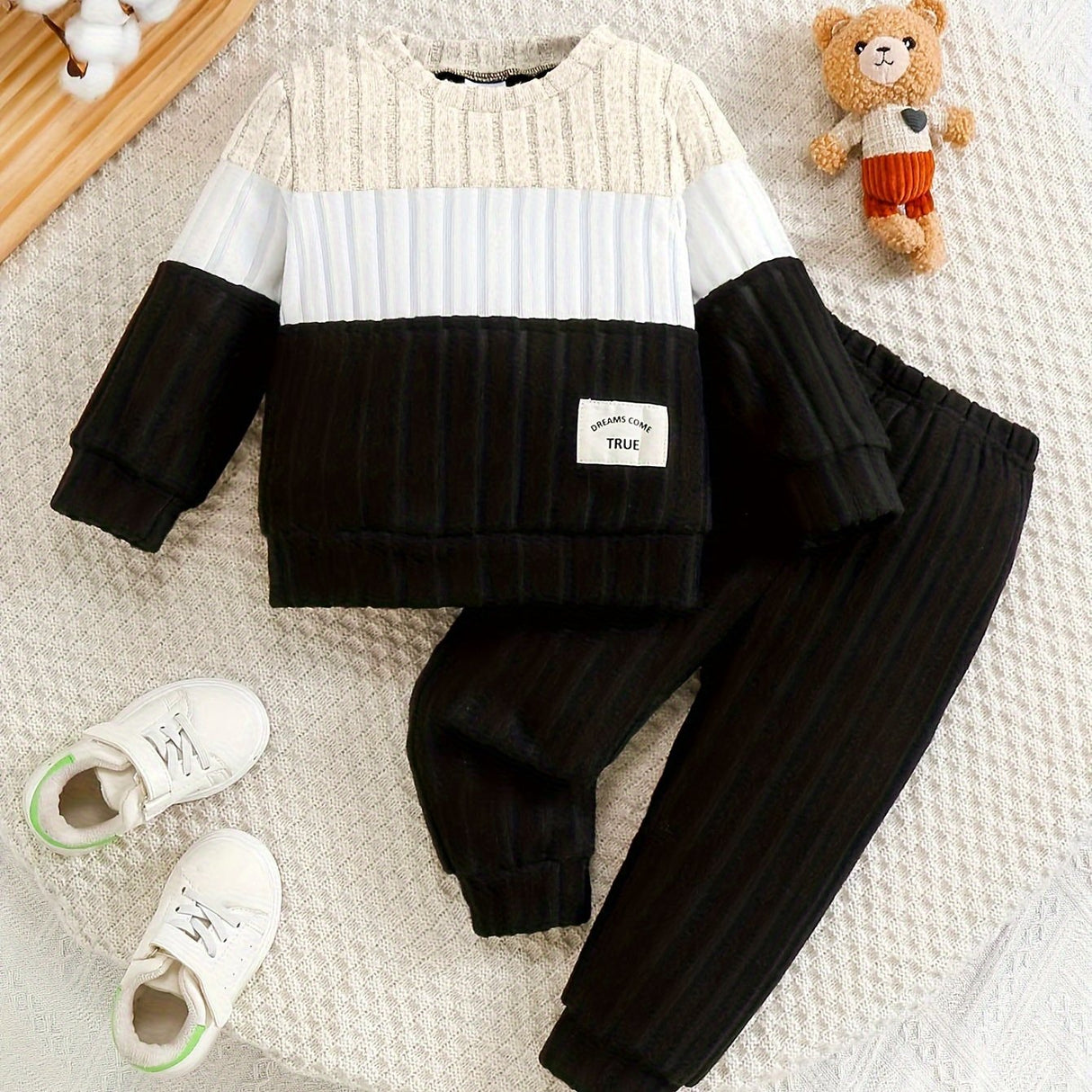 Toddler Boys 2-Piece Outfit, Spring/Autumn Knit Long Sleeve Top with Ribbed Pants, Casual Round Neck, Stretch Polyester, Color Block Design, Elastic Waistband, Baby Clothing Set, For Outdoor