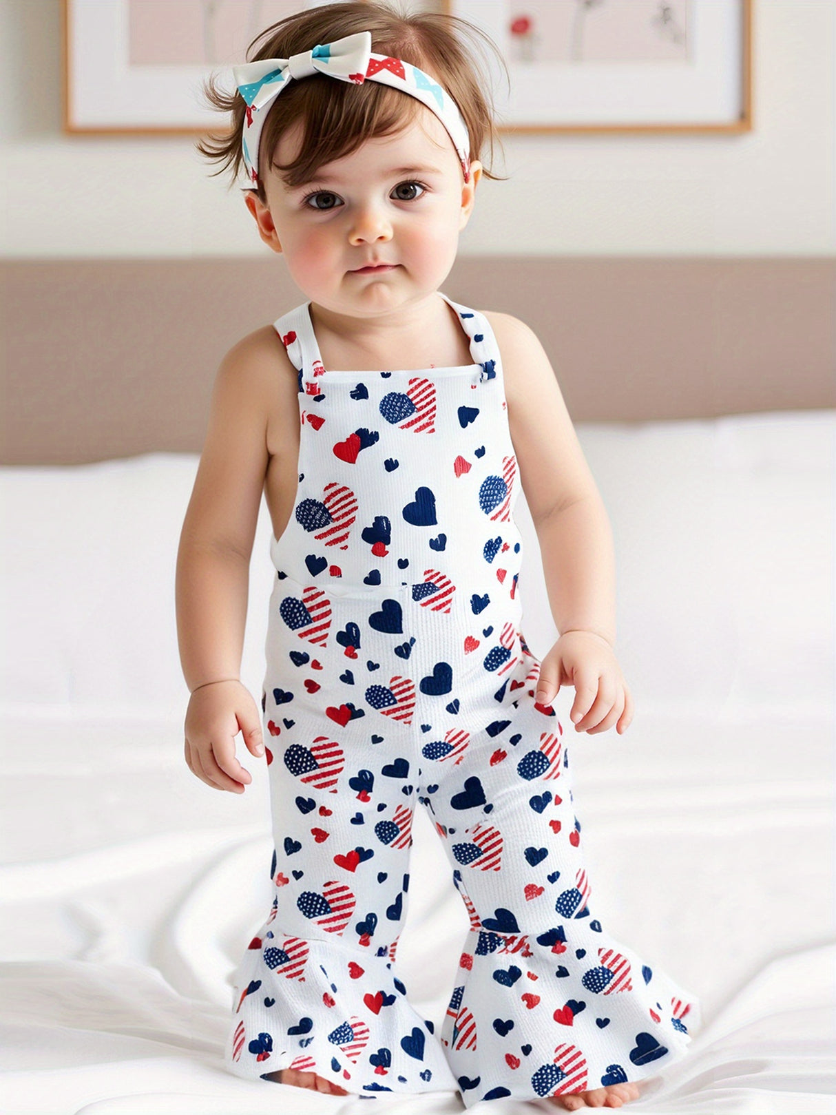 Patriotic Heart Print Flared Overalls for Little Girls – Sleeveless Suspender Pants with Twist Detail, Perfect for 4th of July & Independence Day Celebrations, Navy Blue with Red & White Hearts, Summer Casual Wear, Perfect