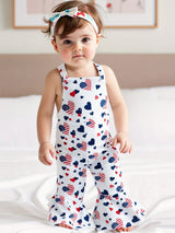 Patriotic Heart Print Flared Overalls for Little Girls – Sleeveless Suspender Pants with Twist Detail, Perfect for 4th of July & Independence Day Celebrations, Navy Blue with Red & White Hearts, Summer Casual Wear, Perfect
