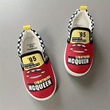 Official Lightning McQueen Racing Cup Graphic Sneakers - Slip-On Shoes with Checkered Flags, Lightweight Canvas Toddler & Kids Shoes with Cushioned EVA Insole & Non-Slip Rubber Outsole for Boys and Girls - Birthday Party Outf