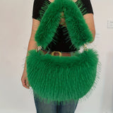 [Heart Shaped Plush Shoulder Bag] Plush Love Heart Shaped Shoulder Bag, Y2K Fluffy Tote Bag, Faux Fur Underarm Bag Purse For Women