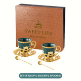Sakura Train Set, Turkish Arabic Coffee Cups And Saucers, Espresso Cups With Saucer Plates And Spoons, Ceramic Tea Sets With Gift Box, 2.8 OZ (Golden)