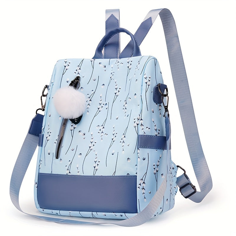 Pompom Decor Anti-Theft Travel Backpack Purse For Women - Floral Print Shoulder Bag - School Bag