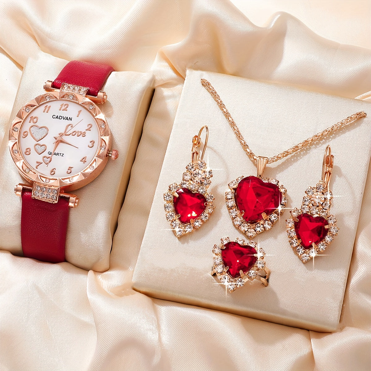 5pcs/set Adorable Heart Womens Watch - Glamorous Rhinestone Quartz Analog Wrist Watches & Jewelry Ensemble - Sparkling Timeless Accessories, Ideal Gift for Her