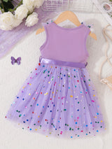 Vibrant Colorful Dot Pattern Flutter Sleeve Crew Neck Mesh Dress - Flowy Sleeves, Breathable Fabric, Matching Belt - Perfect Summer Gift for Little Girls and Princesses, Girls Clothing Collection