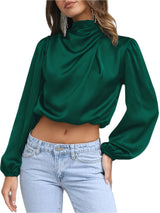 Women Satin Blouses Dressy Cowl Neck Long Sleeve Crop Tops