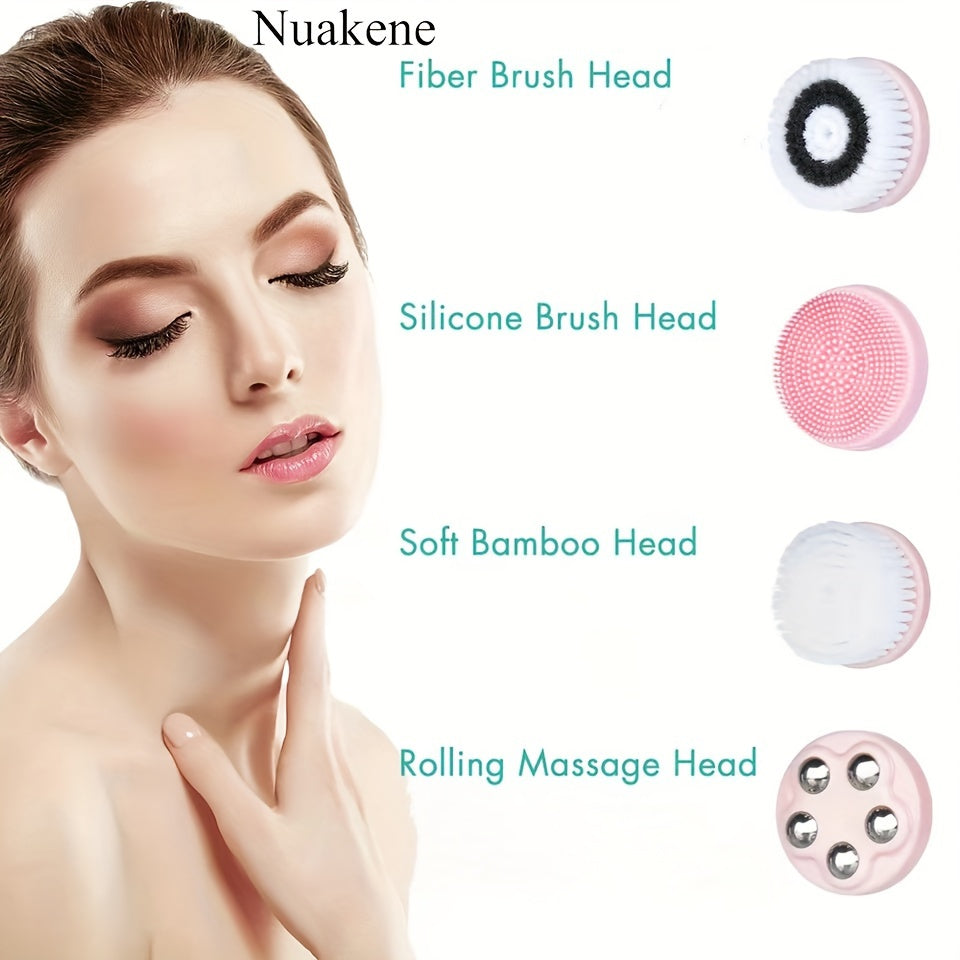 Nuakene 4-in-1 Rechargeable Electric Facial Cleansing Brush - Soft Bristle Brush, Silicone Facial Cleaner, Facial Massager, Rotating Base, Gentle Exfoliator, Deep Cleaning, Holiday Gift for Women