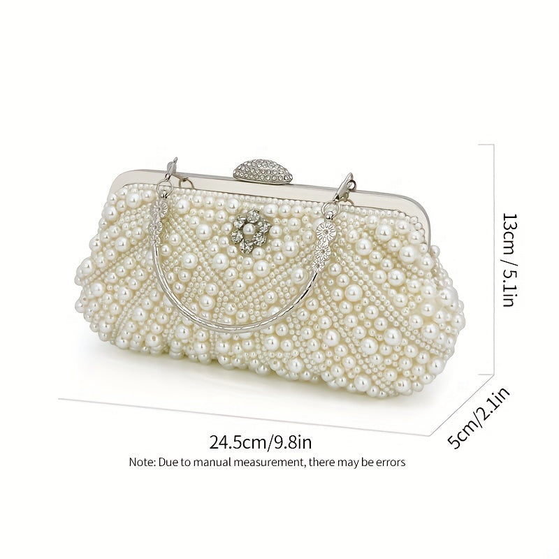 Luxurious Faux Pearl & Diamond Shell Pattern Clutch Bag - Buckle Closure, Metal Chain Strap, Polyester Lining, Solid Color, Party Perfect for Wedding, Evening Events - Elegant and Chic Handbag