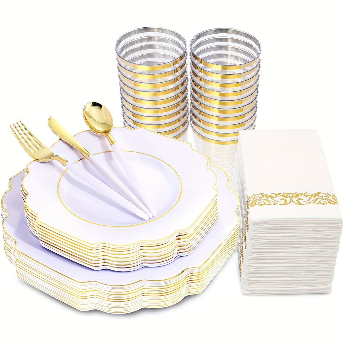 140PCS Plastic Plates - Gold Plastic Silverware, Gold Disposable Plates Include 40Plates, 20Cups, 20Forks, 20 Knives, 20Spoons, 20Napkins for Weddings & Parties