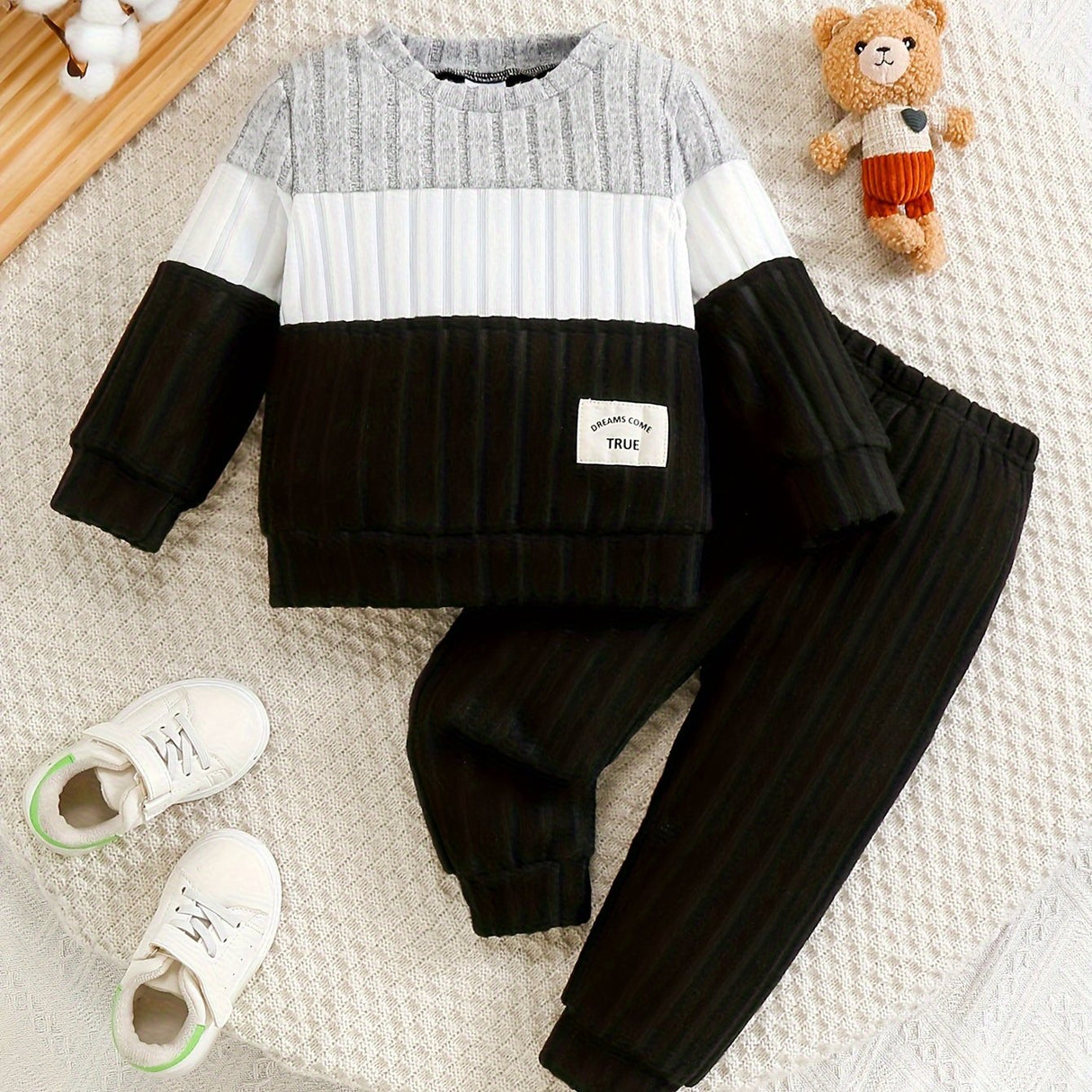 Toddler Boys 2-Piece Outfit, Spring/Autumn Knit Long Sleeve Top with Ribbed Pants, Casual Round Neck, Stretch Polyester, Color Block Design, Elastic Waistband, Baby Clothing Set, For Outdoor