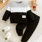Toddler Boys 2-Piece Outfit, Spring/Autumn Knit Long Sleeve Top with Ribbed Pants, Casual Round Neck, Stretch Polyester, Color Block Design, Elastic Waistband, Baby Clothing Set, For Outdoor