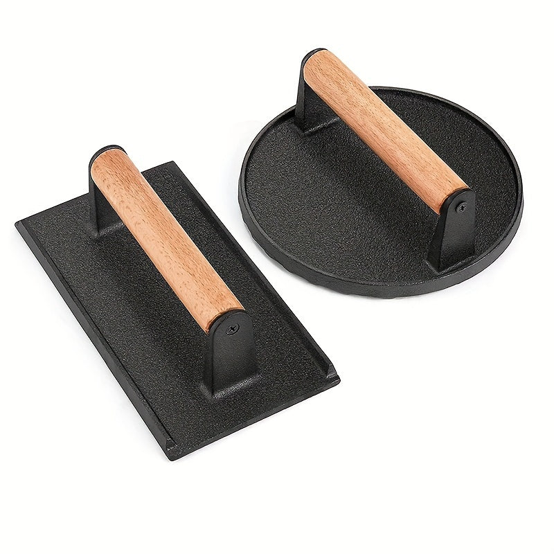 Cast Iron Grill Press for Perfectly Seared, Steak & Sandwiches | Equalized Weight Distribution | Food-Grade Press with Wood Handle |Round | Square